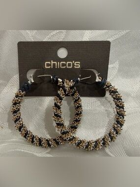 Chico's Black and Gold Chain-Wrapped Hoop Earrings